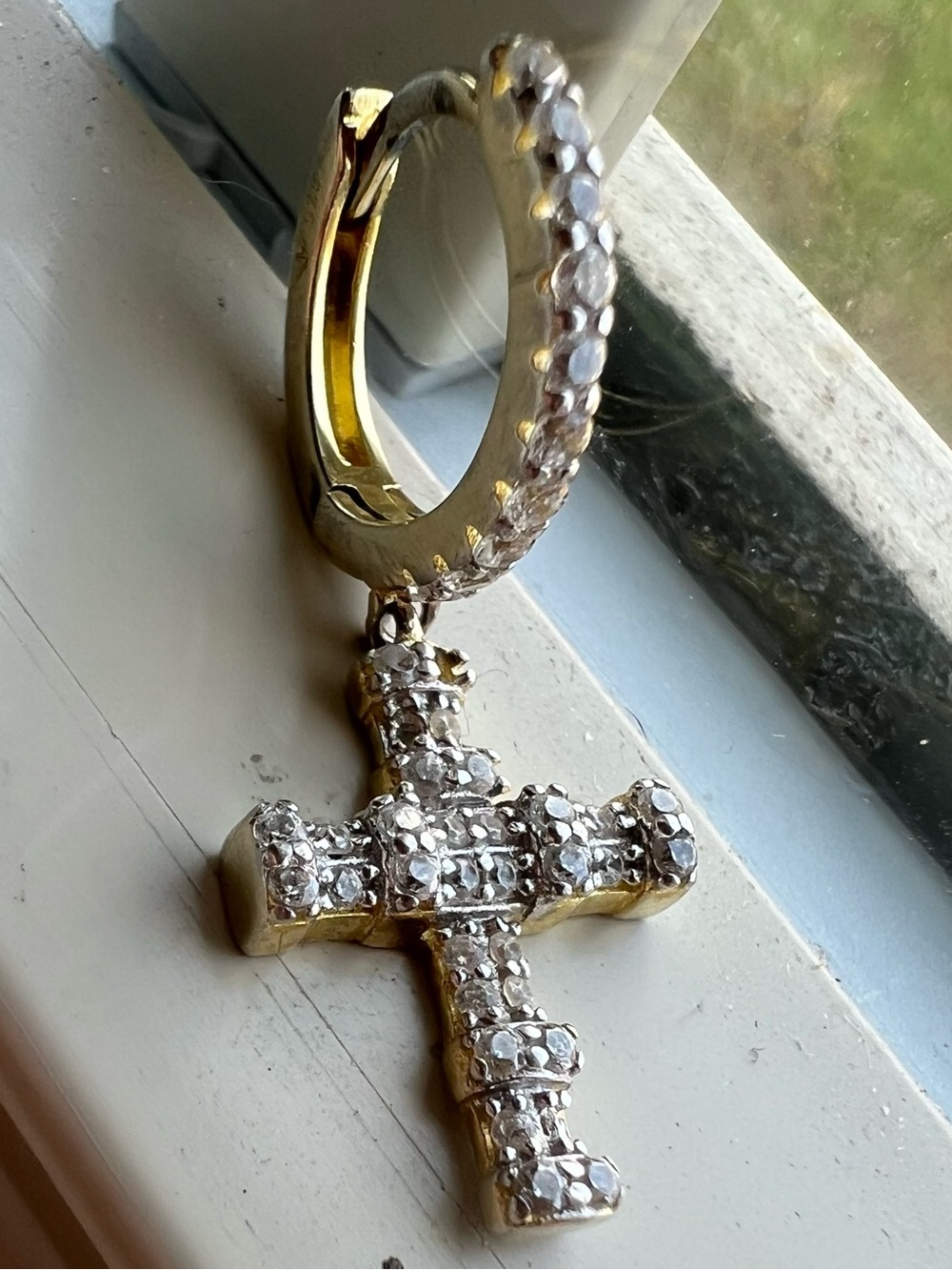 Gold plated 925 Single Crystal Cross Dangle Earring men’s Sterling Silver